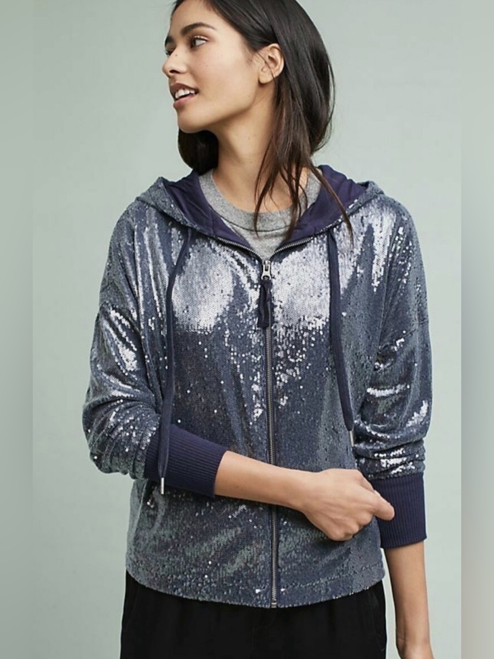 Anthropologie pewter blue Sequin Zip-Front Hoodie oversized xsm